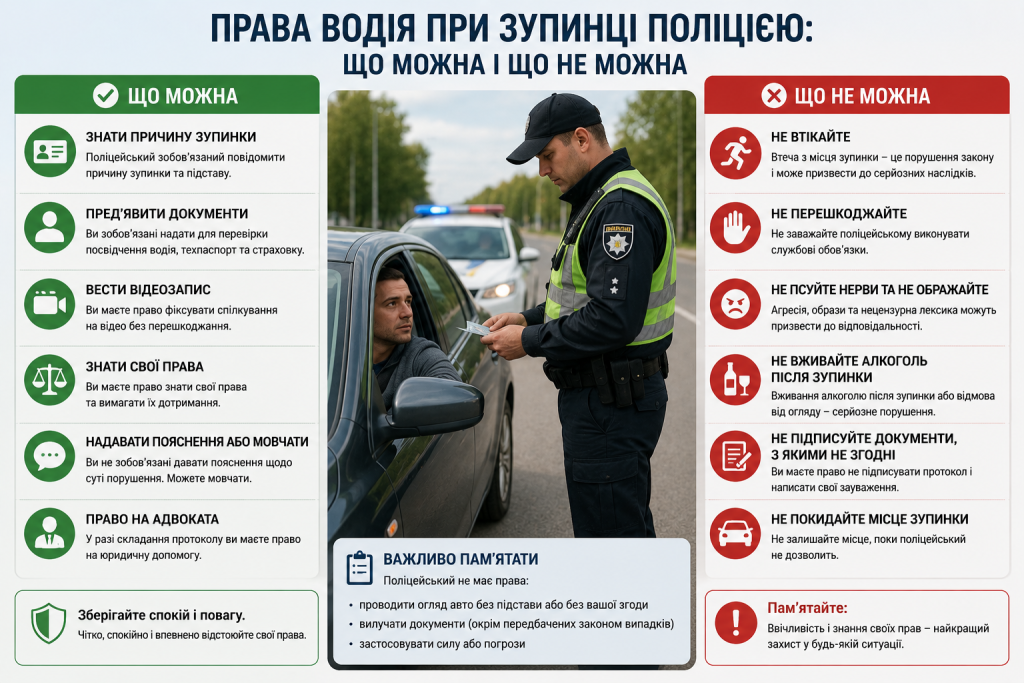 Інфографіка про права водія під час зупинки поліцією, законні дії правоохоронця, документи та випадки, коли вимоги можна оскаржити.