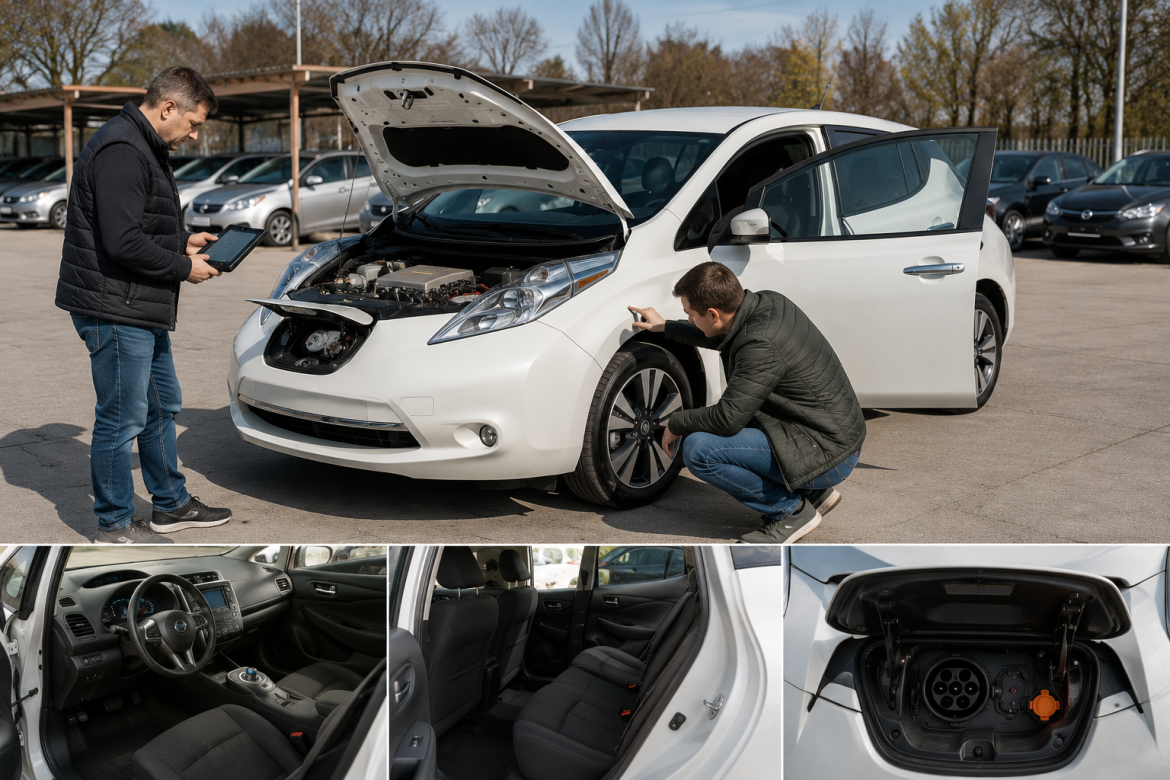 Майстри оглядають вживаний Nissan Leaf перед купівлею, перевіряють кузов, колеса, салон і технічний стан