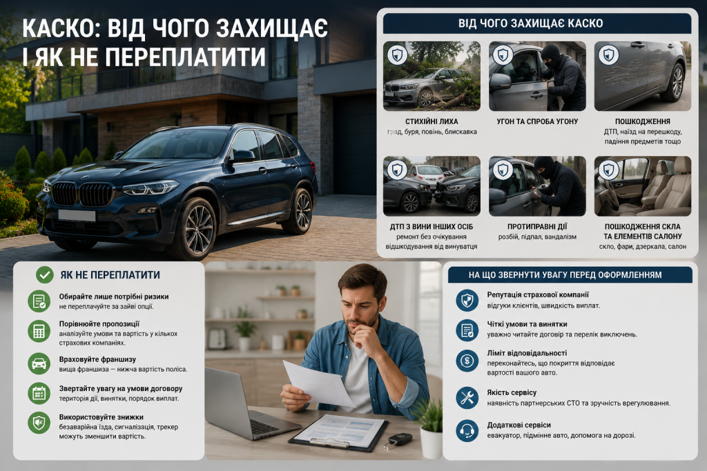 Інфографіка про страхування КАСКО, основні ризики, страхові випадки, винятки та важливі пункти перевірки договору.