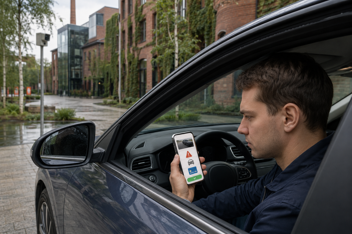 Водій сидить в автомобілі та перевіряє інформацію про штраф ПДР за допомогою смартфона