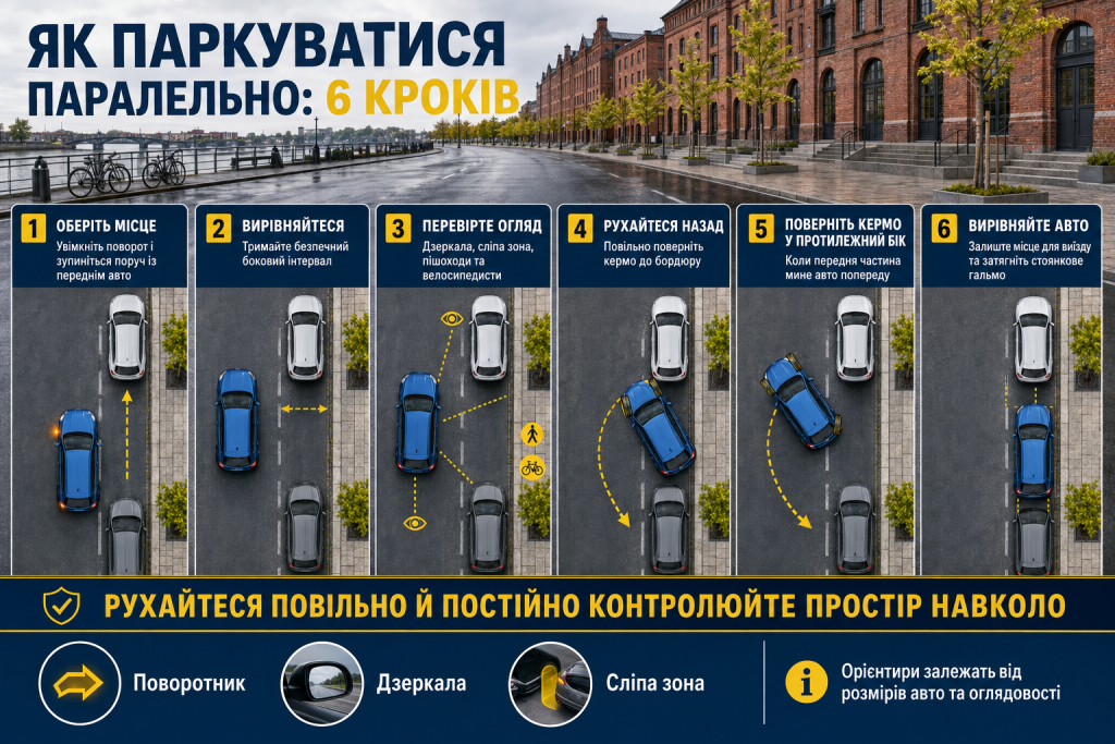 Інфографіка з шістьма послідовними кроками паралельного паркування автомобіля між двома машинами