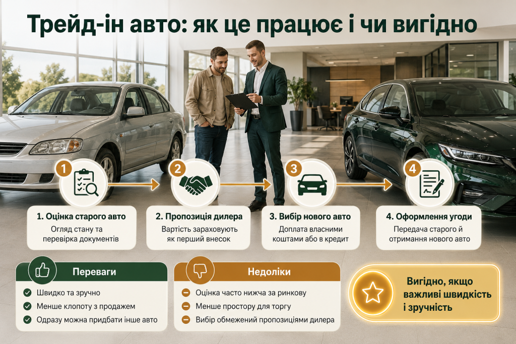 Інфографіка про процес трейд-іну автомобіля від оцінки старої машини до оформлення угоди