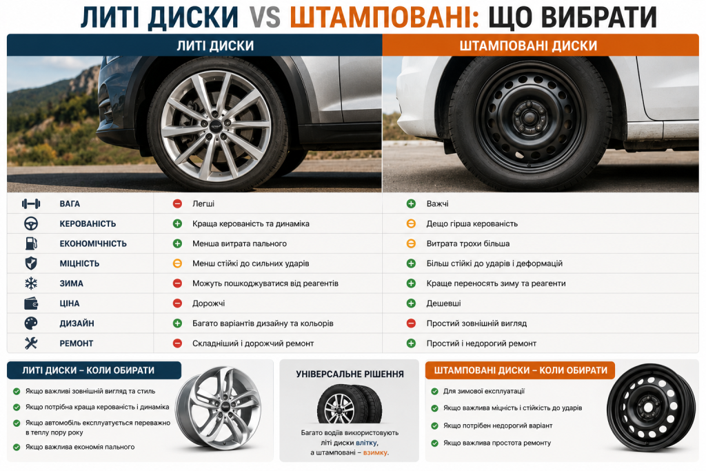 Порівняльна таблиця литих і штампованих автомобільних дисків за вагою, міцністю, ціною, дизайном та ремонтопридатністю.