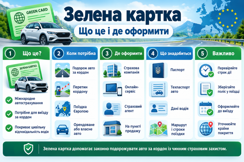 Інфографіка про міжнародне автомобільне страхування «Зелена карта» з інформацією про необхідність поліса, способи оформлення та документи для поїздки за кордон.