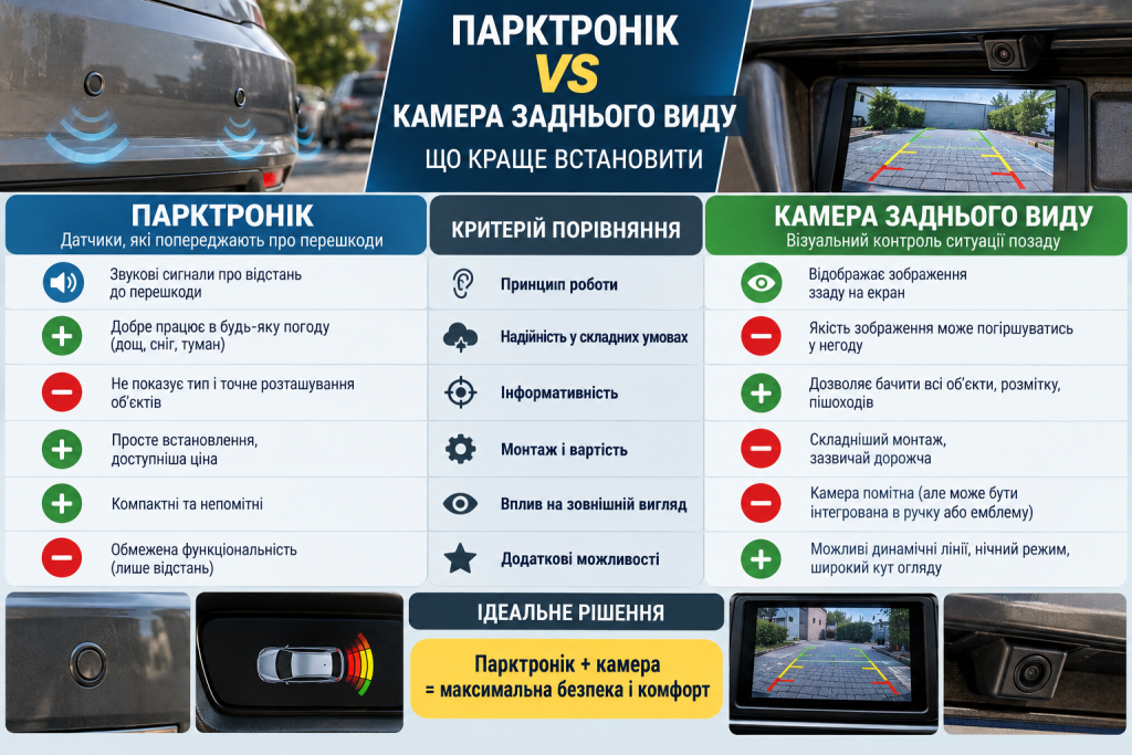 Порівняння парктроніка та камери заднього виду для автомобіля за принципом роботи, зручністю, монтажем і можливостями