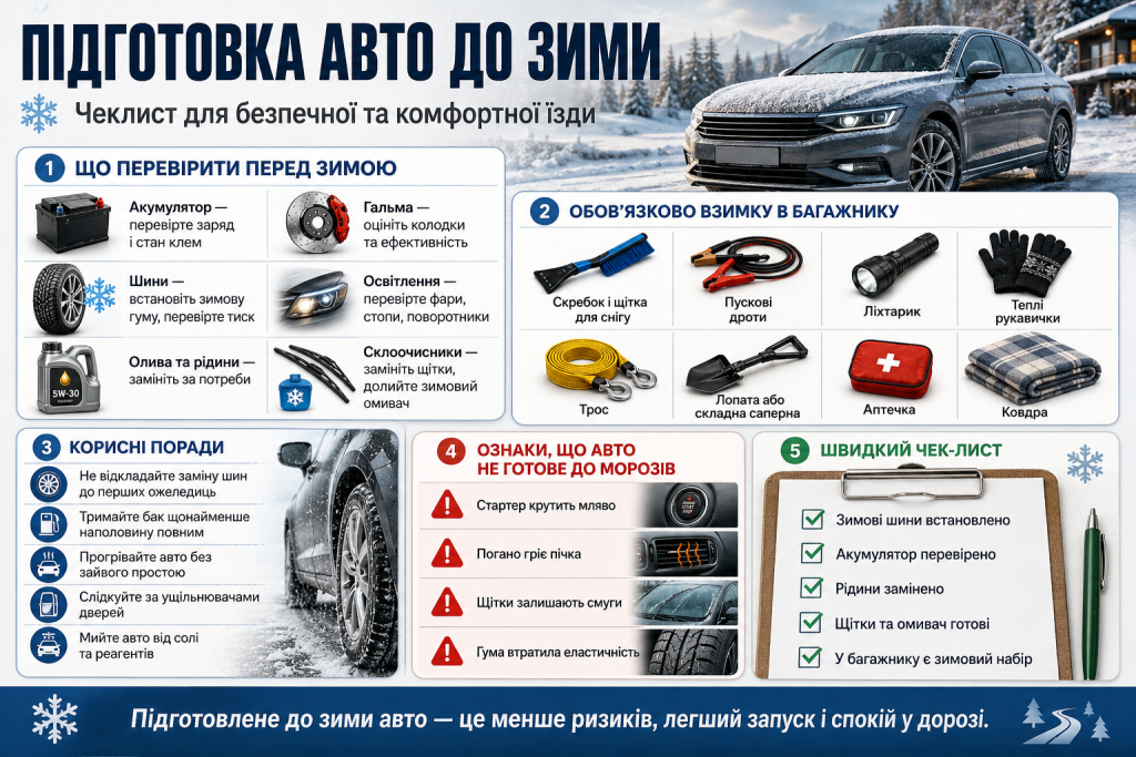 Інфографіка про підготовку автомобіля до зими з перевіркою акумулятора, шин, гальм, рідин та зимового набору