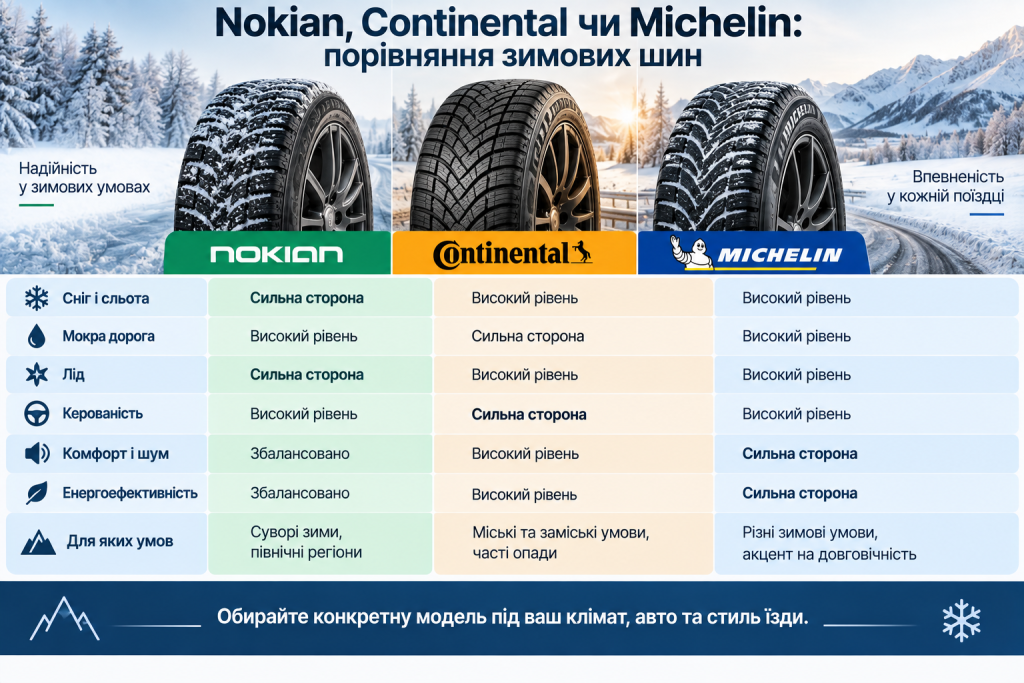 Інфографіка з порівнянням зимових шин Nokian, Continental і Michelin за основними характеристиками.