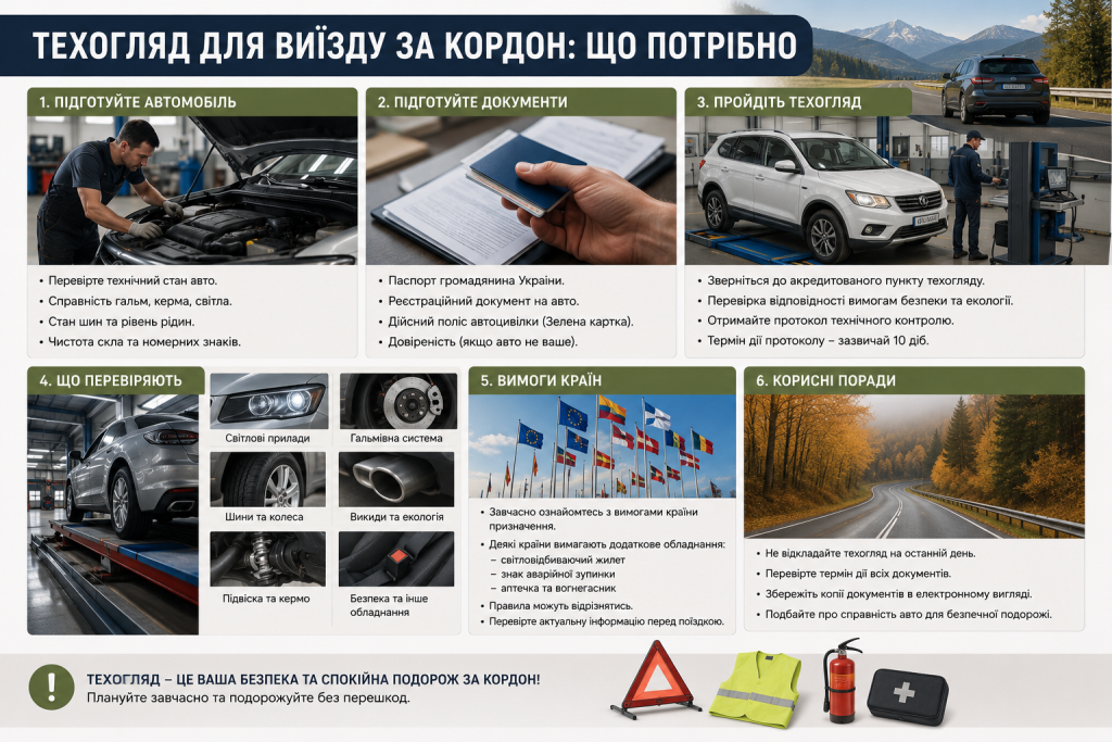 Інфографіка про техогляд автомобіля перед виїздом за кордон, необхідні документи, перевірки та вимоги країн
