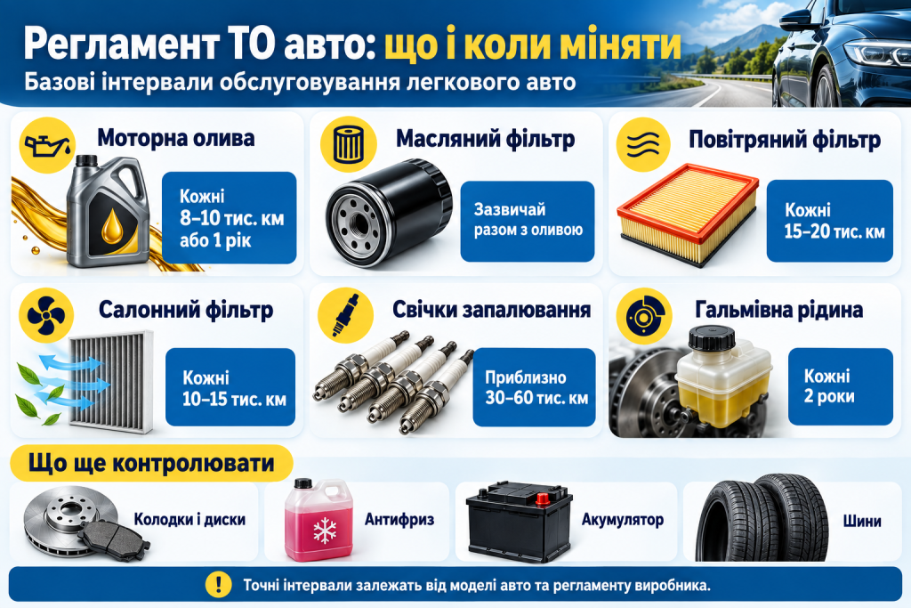 Інфографіка з основними інтервалами технічного обслуговування автомобіля, заміною моторної оливи, фільтрів, свічок запалювання та гальмівної рідини.