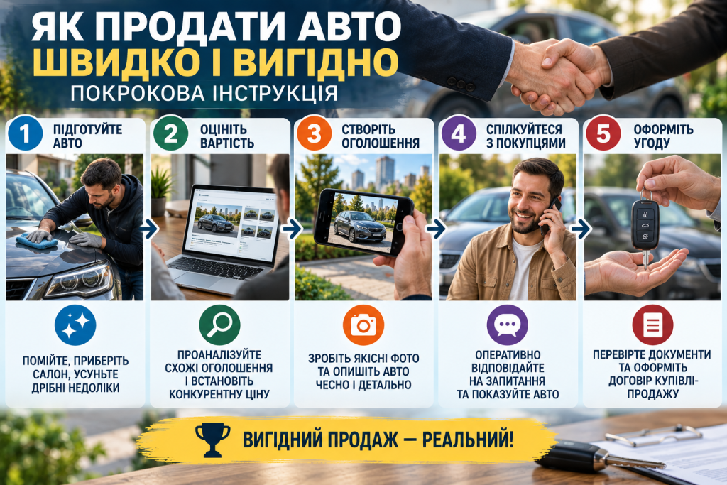 Інфографіка з основними етапами вигідного продажу автомобіля від підготовки та оцінки до оформлення угоди