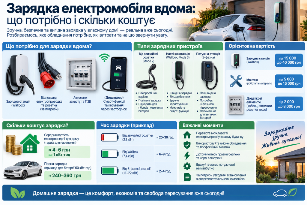 Інфографіка про домашню зарядку електромобіля, типи зарядних станцій, час заряджання та орієнтовну вартість.